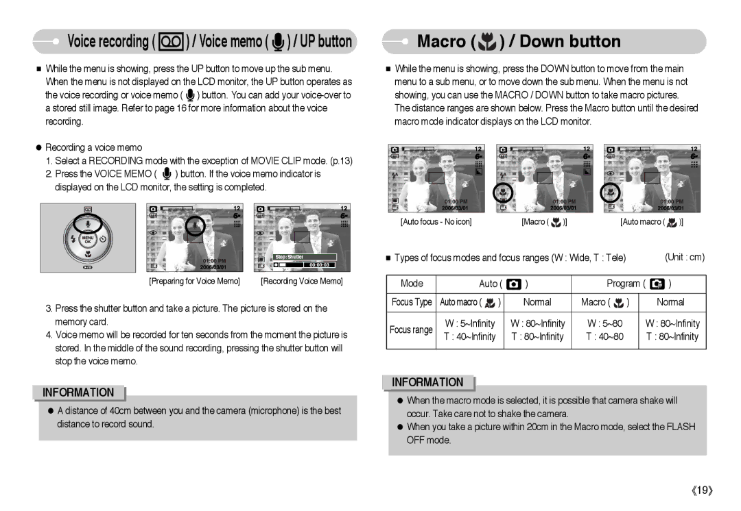 Samsung EC-L60ZZBBB/E1, EC-L60ZZSBA/FR, EC-L60ZZBAA manual Macro / Down button, Voice recording / Voice memo / UP button 