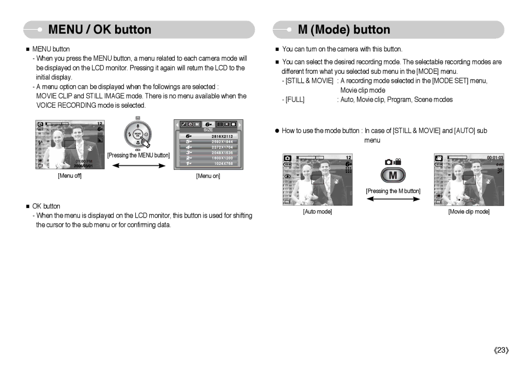 Samsung EC-L60ZZSBB/E1, EC-L60ZZSBA/FR, EC-L60ZZBAA, EC-L60ZZBBA/DE, EC-L60ZZSBB/US, EC-L60ZZSAA Menu / OK button, Mode button 