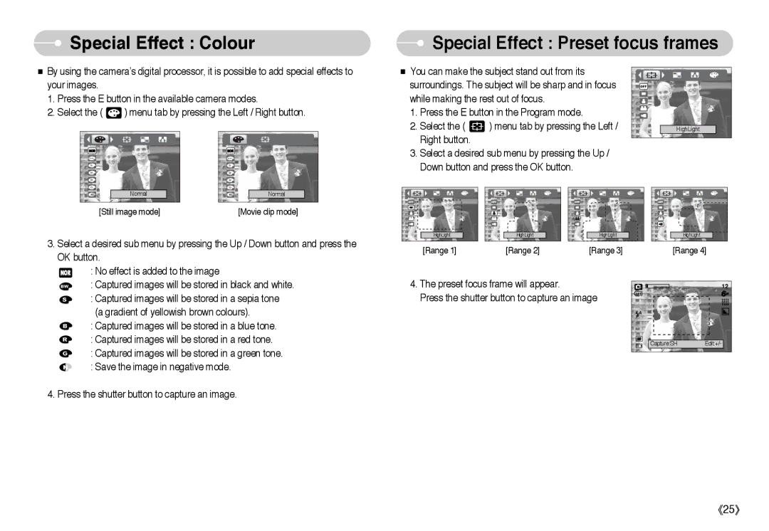 Samsung EC-L60ZZSAA, EC-L60ZZSBA/FR, EC-L60ZZBAA, EC-L60ZZBBA/DE Special Effect Colour, Special Effect Preset focus frames 