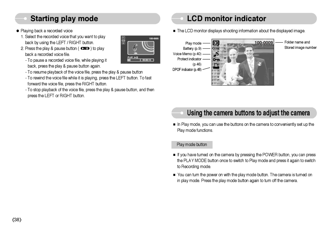 Samsung EC-L60ZZBBA/E1, EC-L60ZZSBA/FR, EC-L60ZZBAA LCD monitor indicator, Using the camera buttons to adjust the camera 