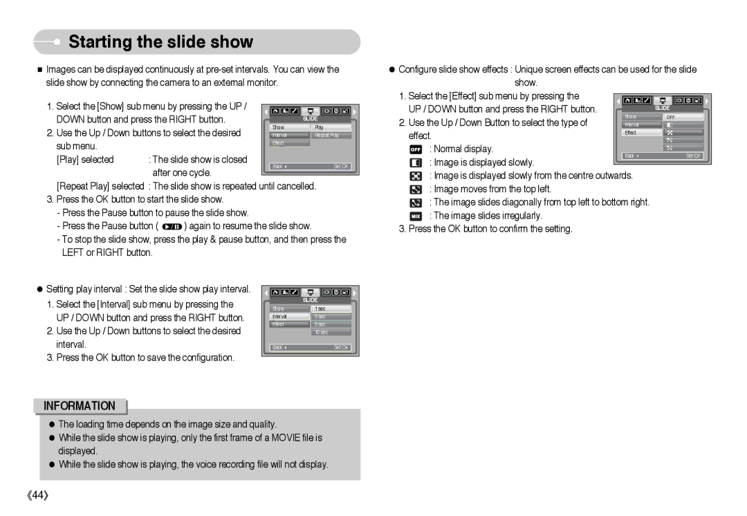 Samsung EC-L60ZZSBB/US, EC-L60ZZSBA/FR, EC-L60ZZBAA, EC-L60ZZBBA/DE, EC-L60ZZSBA/E1, EC-L60ZZBBA/US Starting the slide show 