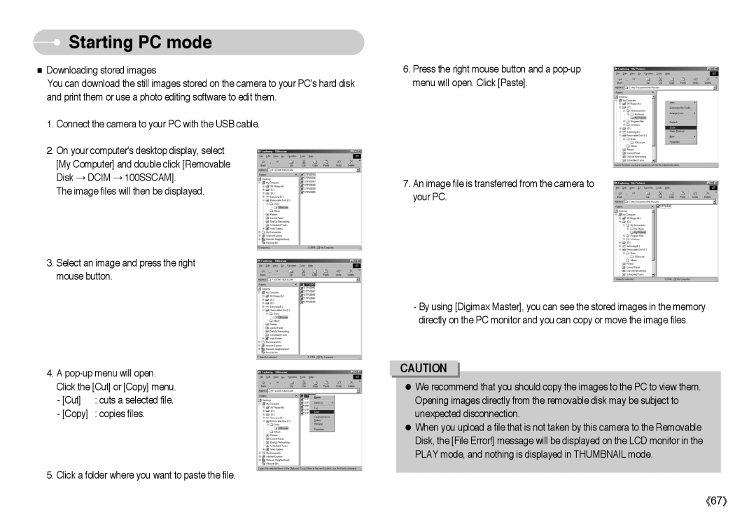 Samsung EC-L60ZZSAA, EC-L60ZZSBA/FR, EC-L60ZZBAA, EC-L60ZZBBA/DE, EC-L60ZZSBB/US, EC-L60ZZSBA/E1 manual Starting PC mode 