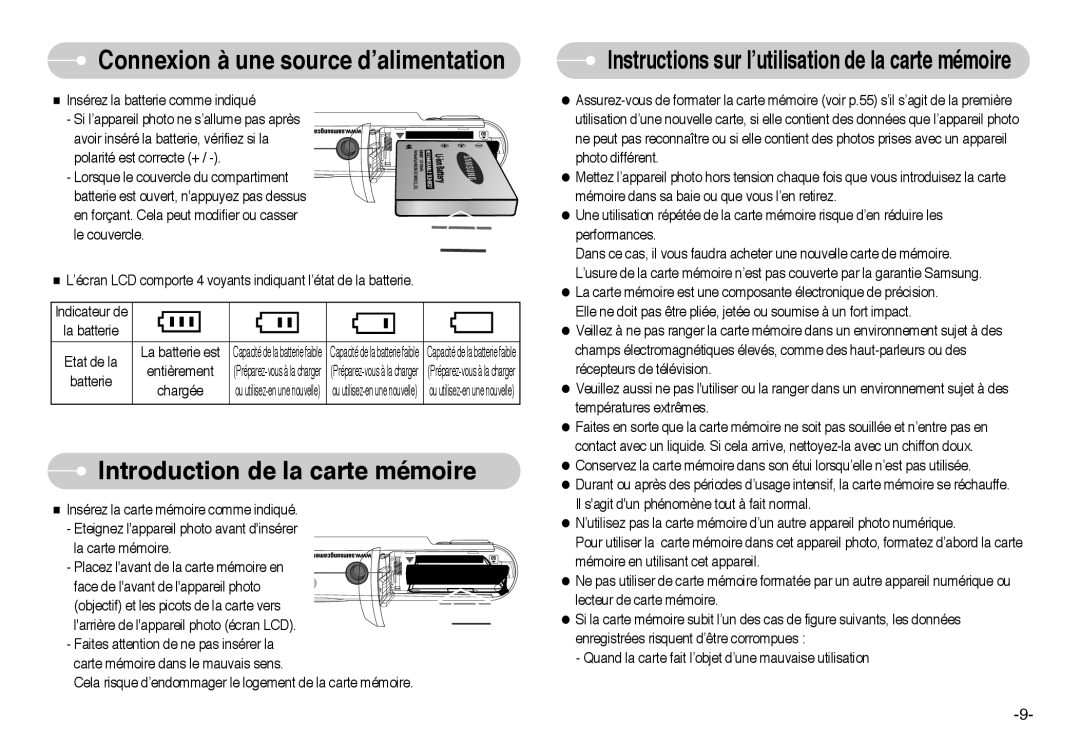 Samsung EC-L60ZZSBA/FR manual Introduction de la carte mémoire, Instructions sur l’utilisation de la carte mémoire 