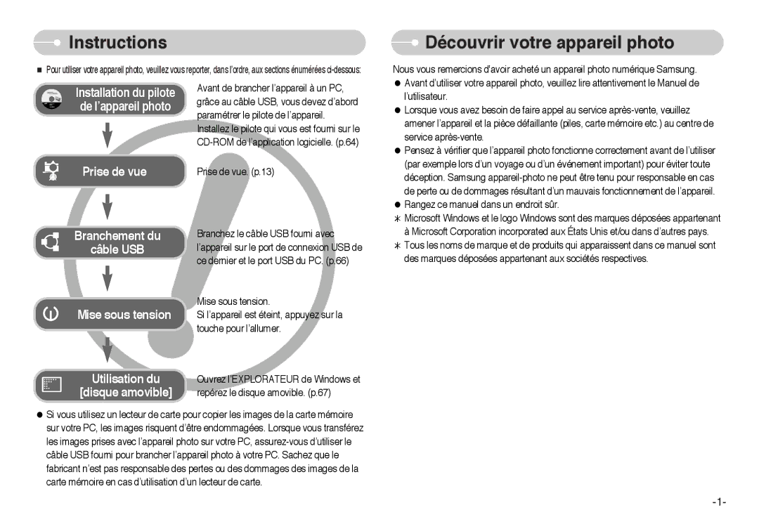 Samsung EC-L60ZZSBA/FR manual Instructions, Découvrir votre appareil photo 