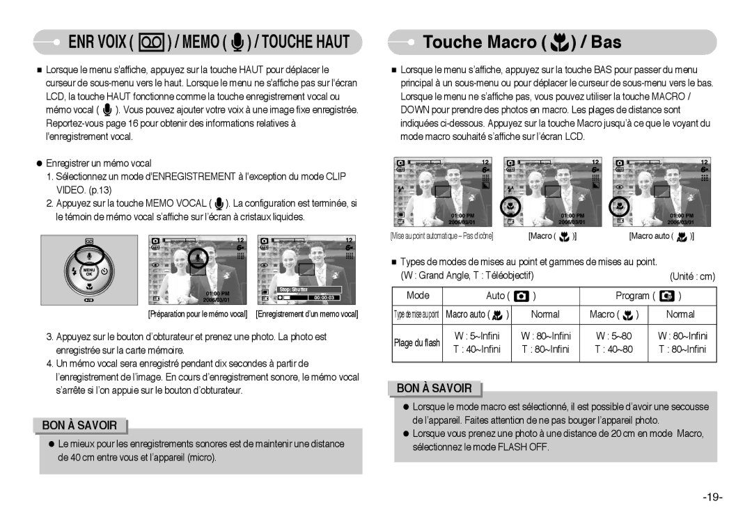 Samsung EC-L60ZZSBA/FR manual Touche Macro / Bas, ENR Voix / Memo / Touche Haut 