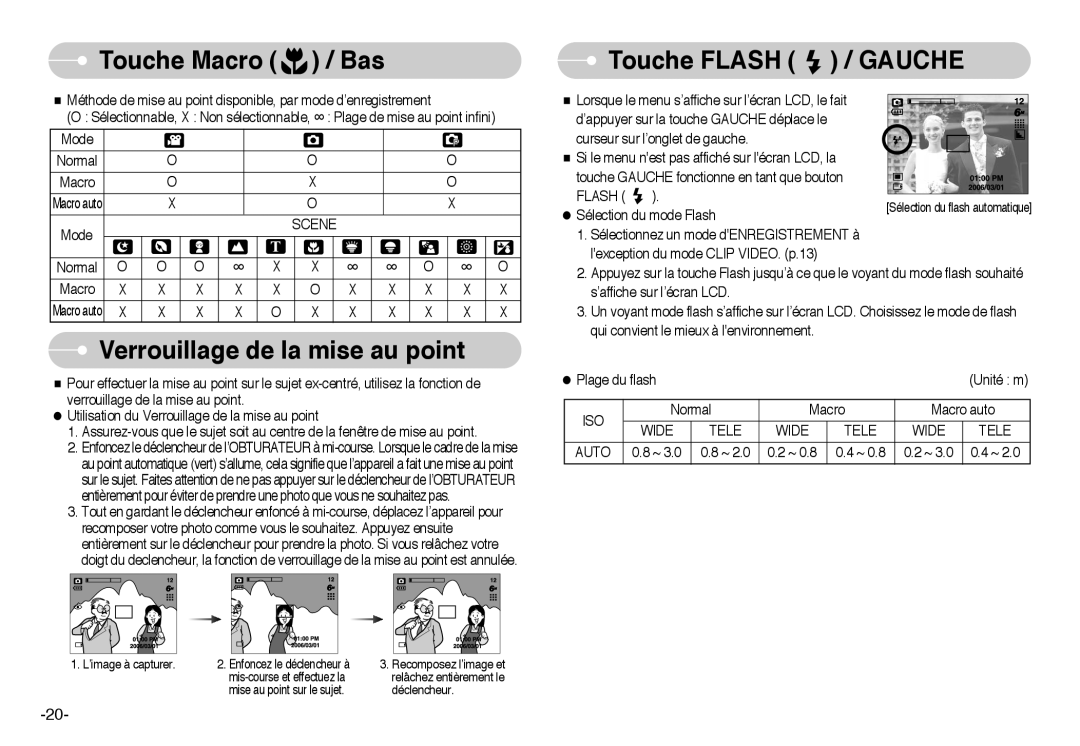 Samsung EC-L60ZZSBA/FR manual Verrouillage de la mise au point, Touche Flash / Gauche, Iso, Wide Tele Auto 