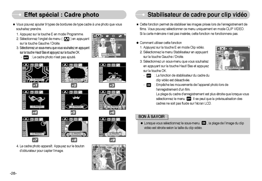 Samsung EC-L60ZZSBA/FR manual Effet spécial Cadre photo, Stabilisateur de cadre pour clip vidéo 