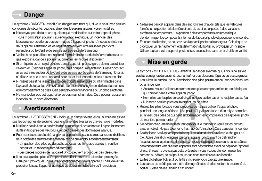 Samsung EC-L60ZZSBA/FR manual Avertissement, Mise en garde 