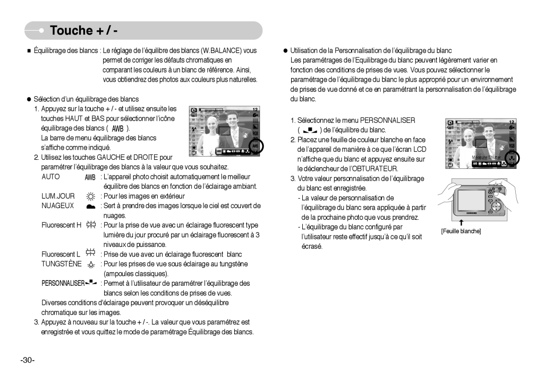 Samsung EC-L60ZZSBA/FR manual Lum.Jour, Nuageux, Tungstène 