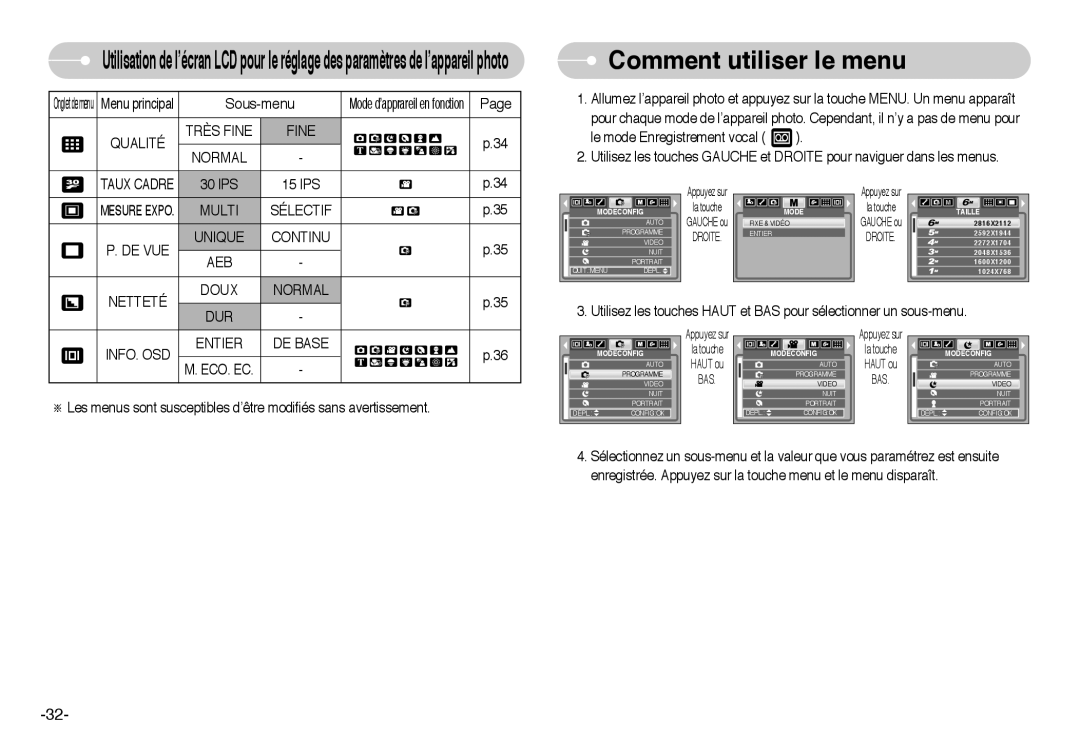 Samsung EC-L60ZZSBA/FR manual Comment utiliser le menu, Qualité Très Fine Normal, Dur, INFO. OSD Entier DE Base 