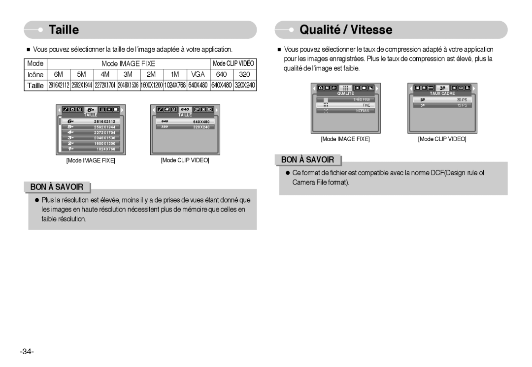 Samsung EC-L60ZZSBA/FR manual Taille, Qualité / Vitesse 