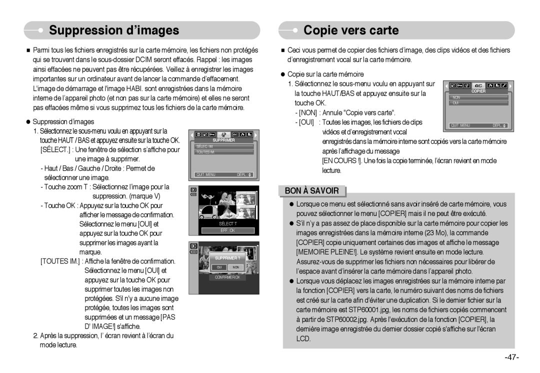 Samsung EC-L60ZZSBA/FR manual Suppression d’images, Copie vers carte 