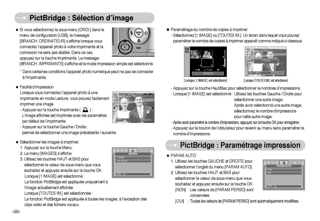 Samsung EC-L60ZZSBA/FR manual PictBridge Sélection d’image, PictBridge Paramétrage impression 