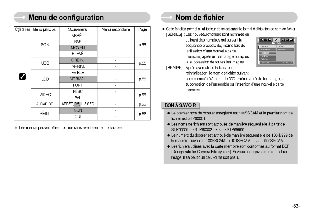 Samsung EC-L60ZZSBA/FR manual Nom de fichier, Pal, Réini NON OUI 