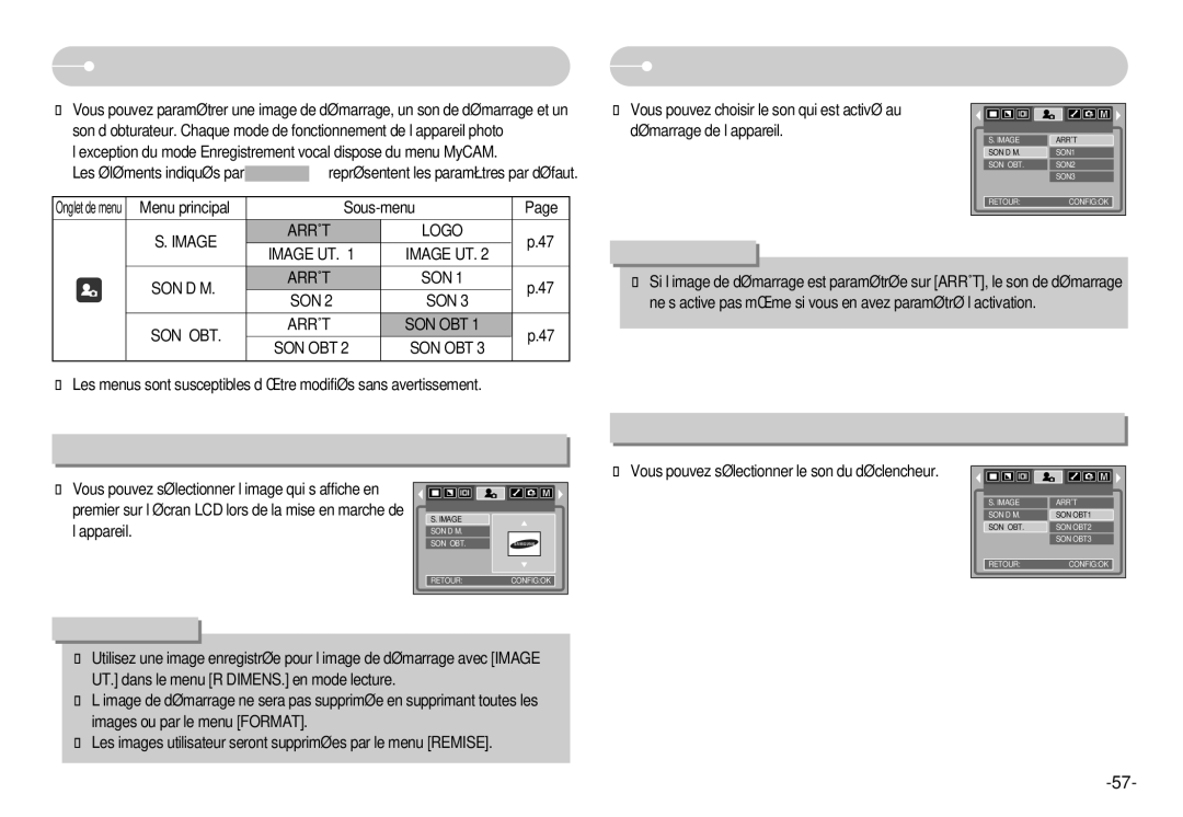 Samsung EC-L60ZZSBA/FR manual Configuration du menu Mycam, Son de démarrage, Son du déclencheur Image de démarrage 