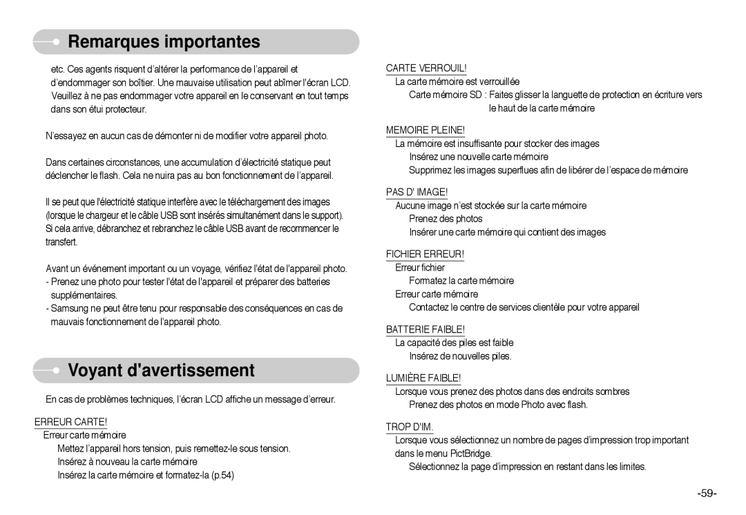 Samsung EC-L60ZZSBA/FR manual Voyant davertissement 