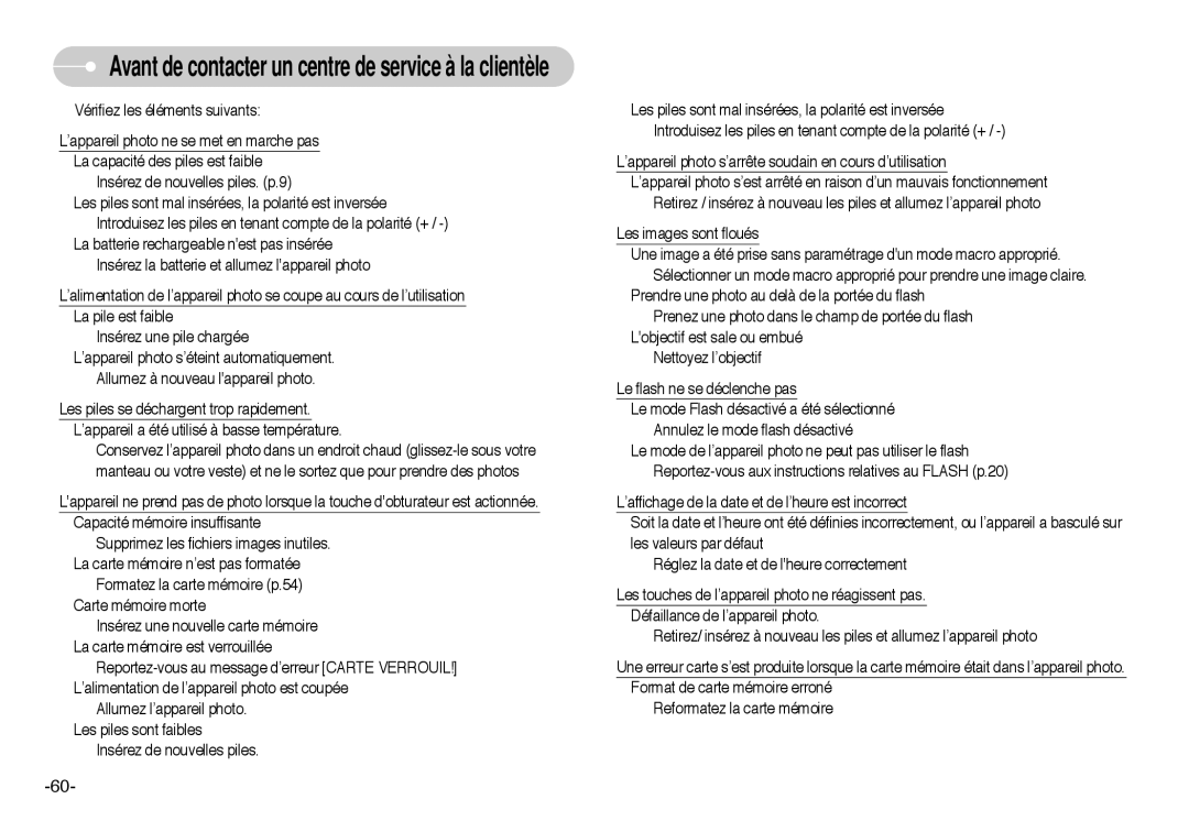 Samsung EC-L60ZZSBA/FR manual Avant de contacter un centre de service à la clientèle 