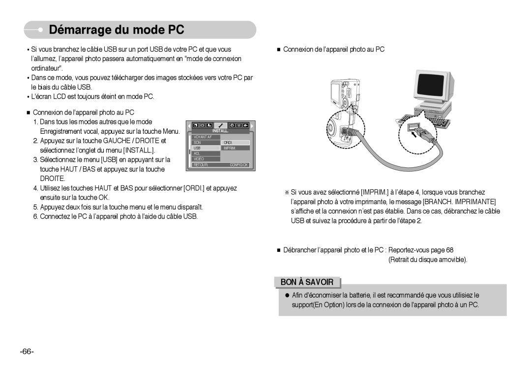 Samsung EC-L60ZZSBA/FR manual Démarrage du mode PC, Droite 