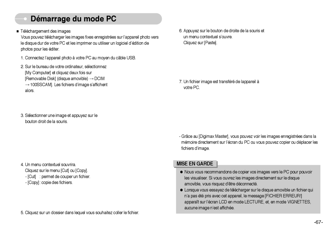 Samsung EC-L60ZZSBA/FR manual Mise EN Garde 