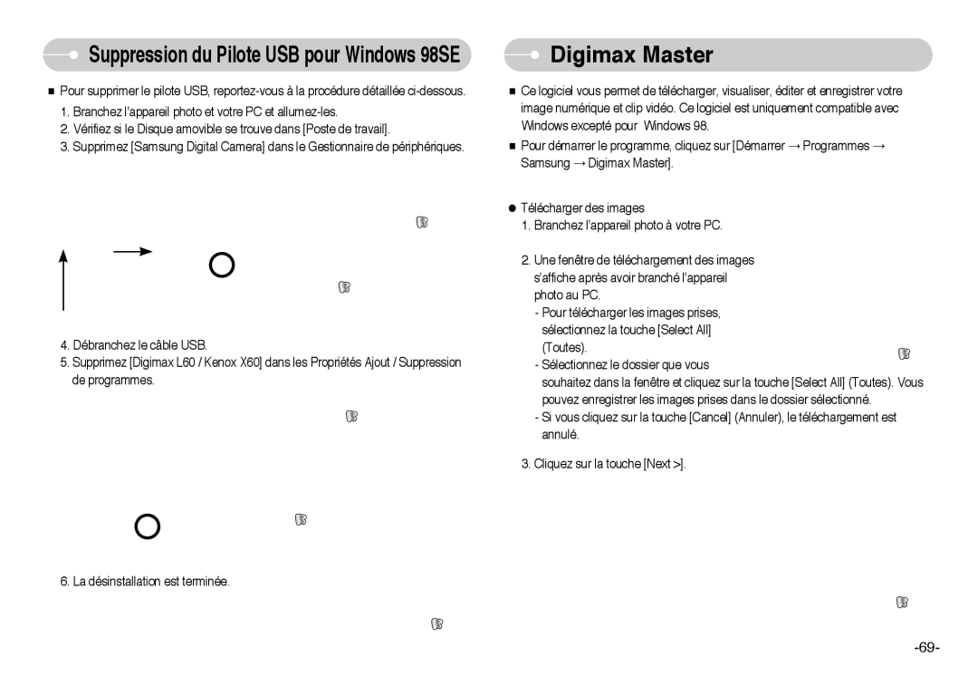 Samsung EC-L60ZZSBA/FR manual Digimax Master, Suppression du Pilote USB pour Windows 98SE 