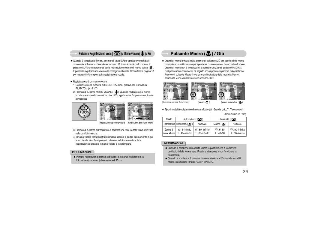 Samsung EC-L700ZBBA/FR, EC-L700ZSBA/DE, EC-L700ZBBA/E1 Pulsante Macro / Giù, Pulsante Registrazione voce / Memo vocale / Su 