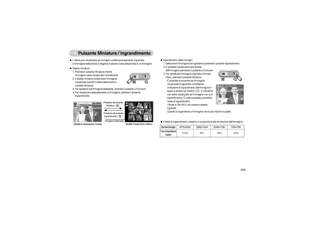 Samsung EC-L700ZBBA/DE, EC-L700ZSBA/DE, EC-L700ZBBA/FR, EC-L700ZBBA/E1, EC-L700ZSBA/FR Pulsante Miniature / Ingrandimento 