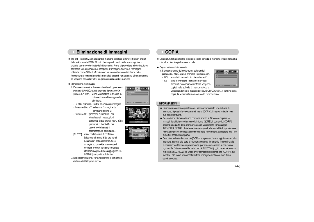 Samsung STW-L700S, EC-L700ZSBA/DE, EC-L700ZBBA/FR, EC-L700ZBBA/E1, EC-L700ZSBA/FR manual Eliminazione di immagini, Copia 