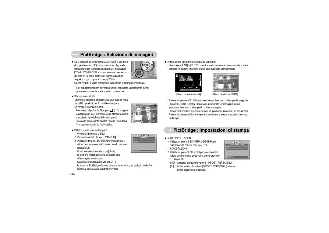 Samsung EC-L700ZBBA/E1, STW-L700S PictBridge Selezione di immagini, PictBridge impostazioni di stampa, Auto Impostazioni 