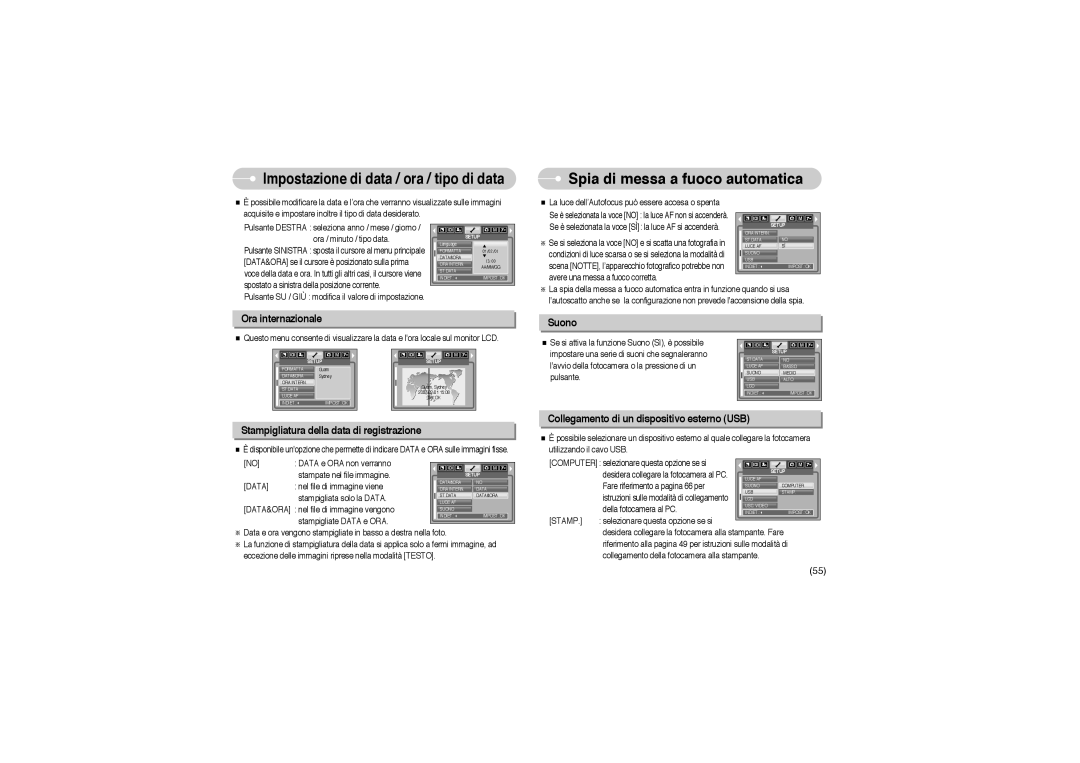 Samsung EC-L700ZSBA/DE, EC-L700ZBBA/FR manual Spia di messa a fuoco automatica, Impostazione di data / ora / tipo di data 