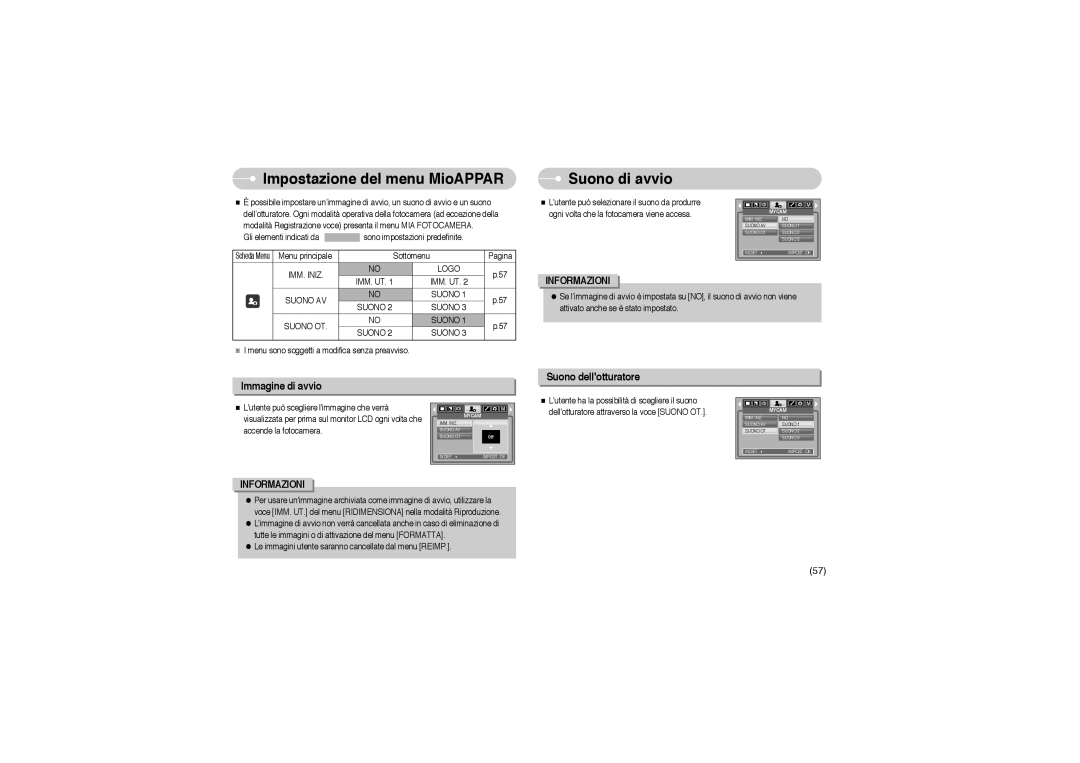 Samsung EC-L700ZBBA/E1, EC-L700ZSBA/DE Impostazione del menu MioAPPAR, Suono di avvio, IMM. Iniz Logo, Suono AV Suono OT 