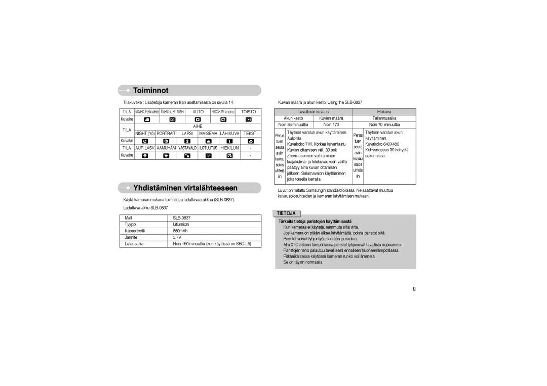 Samsung EC-L700ZSBA/E1, EC-L700ZSBA/DE, EC-L700ZBBA/FR, EC-L700ZBBA/E1, EC-L700ZSBA/FR manual Yhdistäminen virtalähteeseen 