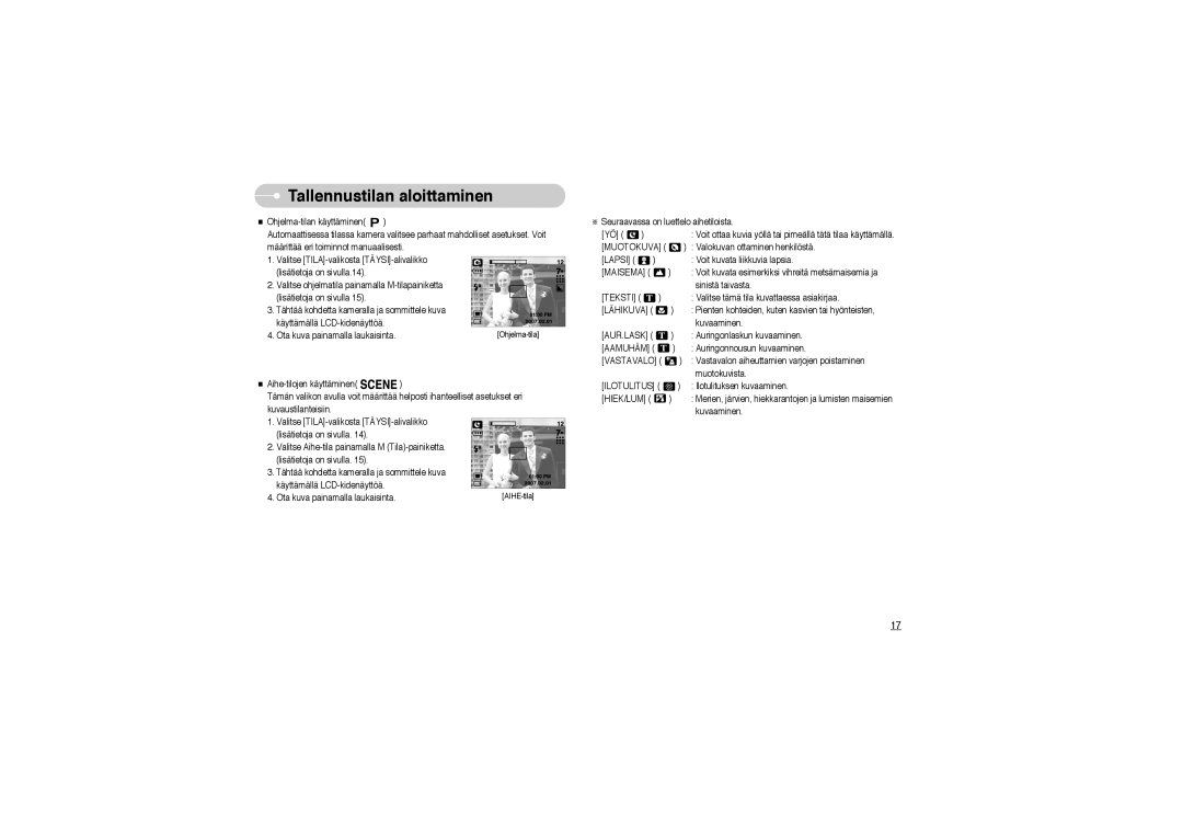 Samsung EC-L700ZSBA/DE, EC-L700ZBBA/FR, EC-L700ZBBA/E1 manual Muotokuva, Lapsi, Aur.Lask, Aamuhäm, Vastavalo, Ilotulitus 