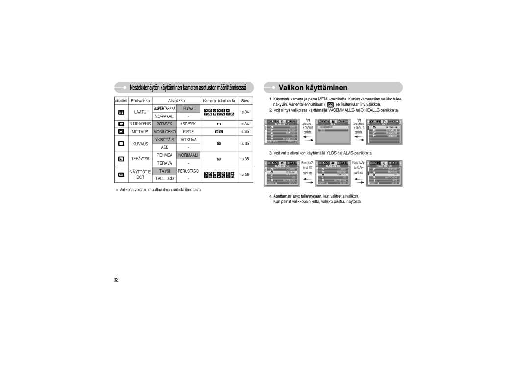 Samsung EC-L700ZSBA/FR, EC-L700ZSBA/DE, EC-L700ZBBA/FR, EC-L700ZBBA/E1, EC-L700ZSBA/E1, EC-L700ZBBA/DE Valikon käyttäminen 