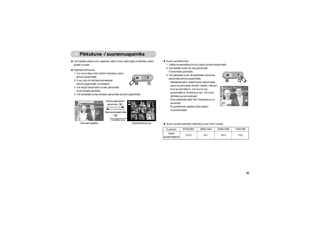 Samsung EC-L700ZSBA/E1, EC-L700ZSBA/DE, EC-L700ZBBA/FR, EC-L700ZBBA/E1, EC-L700ZSBA/FR manual Pikkukuva- / suurennuspainike 