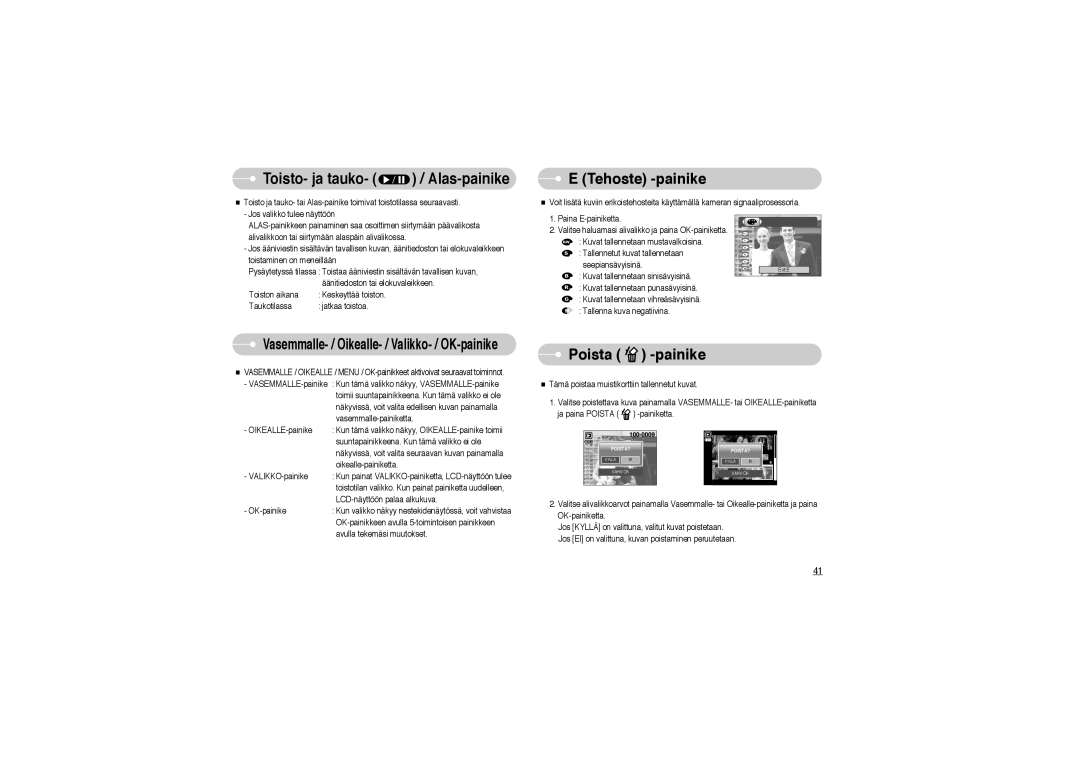 Samsung EC-L700ZSBA/DE, EC-L700ZBBA/FR, EC-L700ZBBA/E1, EC-L700ZSBA/FR, EC-L700ZSBA/E1 manual Tehoste -painike, Poista -painike 