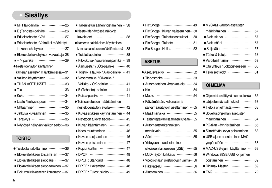 Samsung EC-L700ZBBA/DE, EC-L700ZSBA/DE, EC-L700ZBBA/FR, EC-L700ZBBA/E1, EC-L700ZSBA/FR manual Asetus, Tilan Asetukset ……………33 