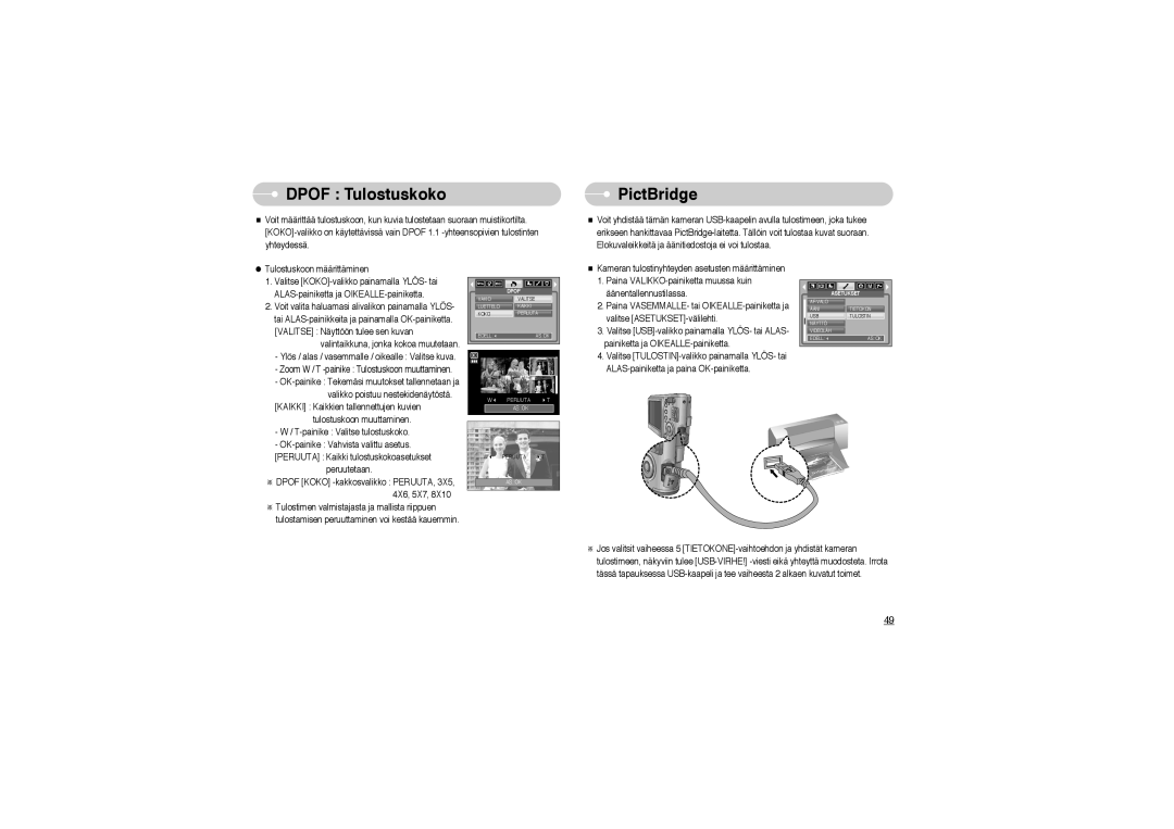 Samsung EC-L700ZBBA/E1, EC-L700ZSBA/DE, EC-L700ZBBA/FR, EC-L700ZSBA/FR, EC-L700ZSBA/E1 manual Dpof Tulostuskoko, PictBridge 