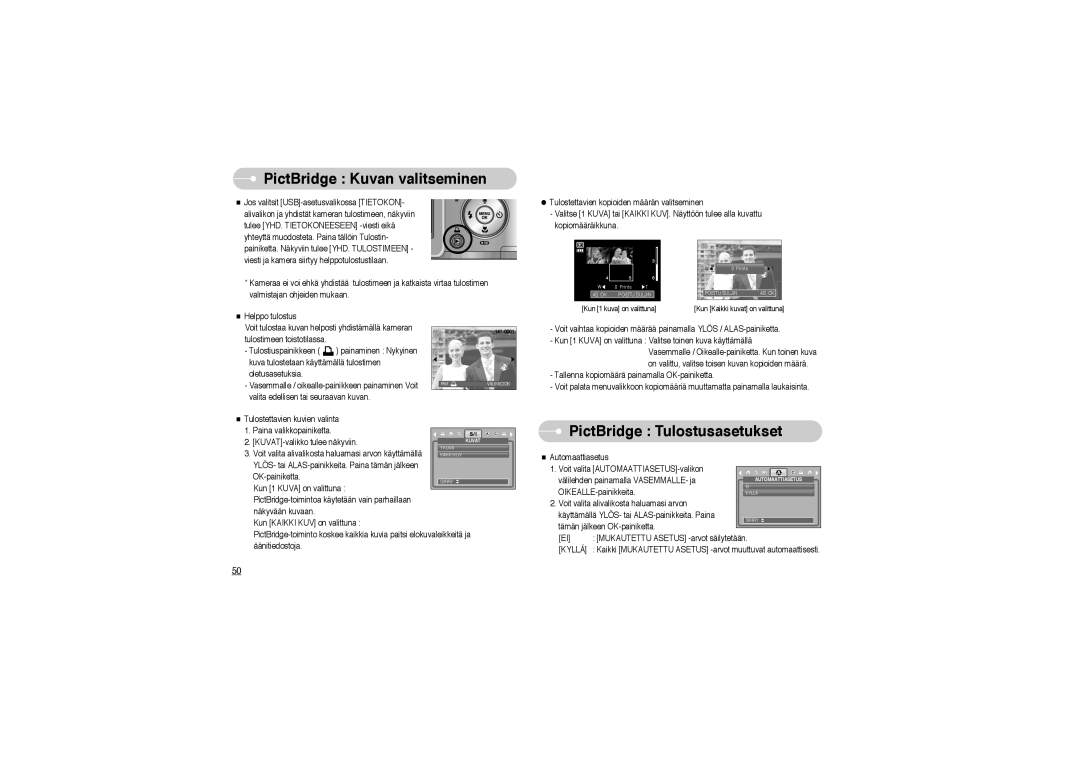 Samsung EC-L700ZSBA/FR, EC-L700ZSBA/DE, EC-L700ZBBA/FR manual PictBridge Kuvan valitseminen, PictBridge Tulostusasetukset 