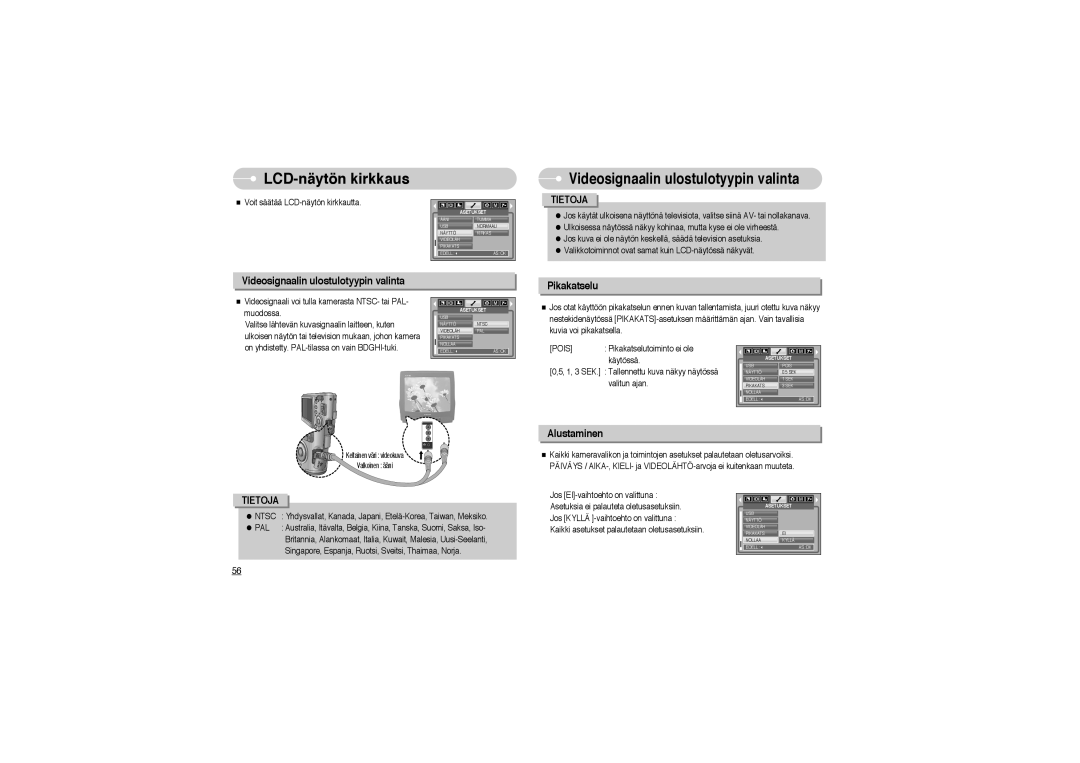 Samsung EC-L700ZSBA/FR manual LCD-näytön kirkkaus, Videosignaalin ulostulotyypin valinta, Pikakatselu, Alustaminen 