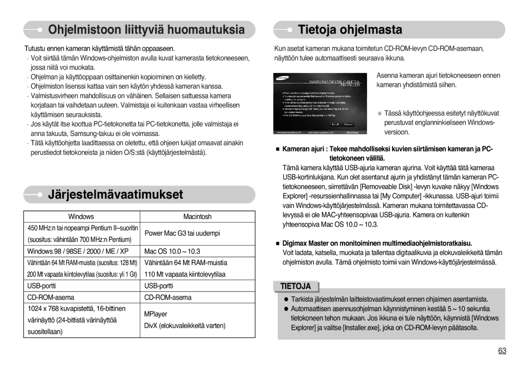 Samsung EC-L700ZSBA/E1, EC-L700ZSBA/DE Ohjelmistoon liittyviä huomautuksia, Järjestelmävaatimukset, Tietoja ohjelmasta 