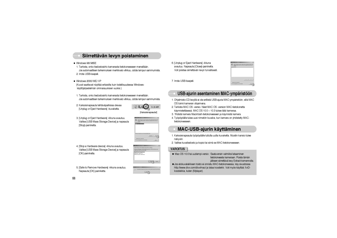 Samsung EC-L700ZSBA/FR, EC-L700ZSBA/DE, EC-L700ZBBA/FR manual Siirrettävän levyn poistaminen, MAC-USB-ajurin käyttäminen 