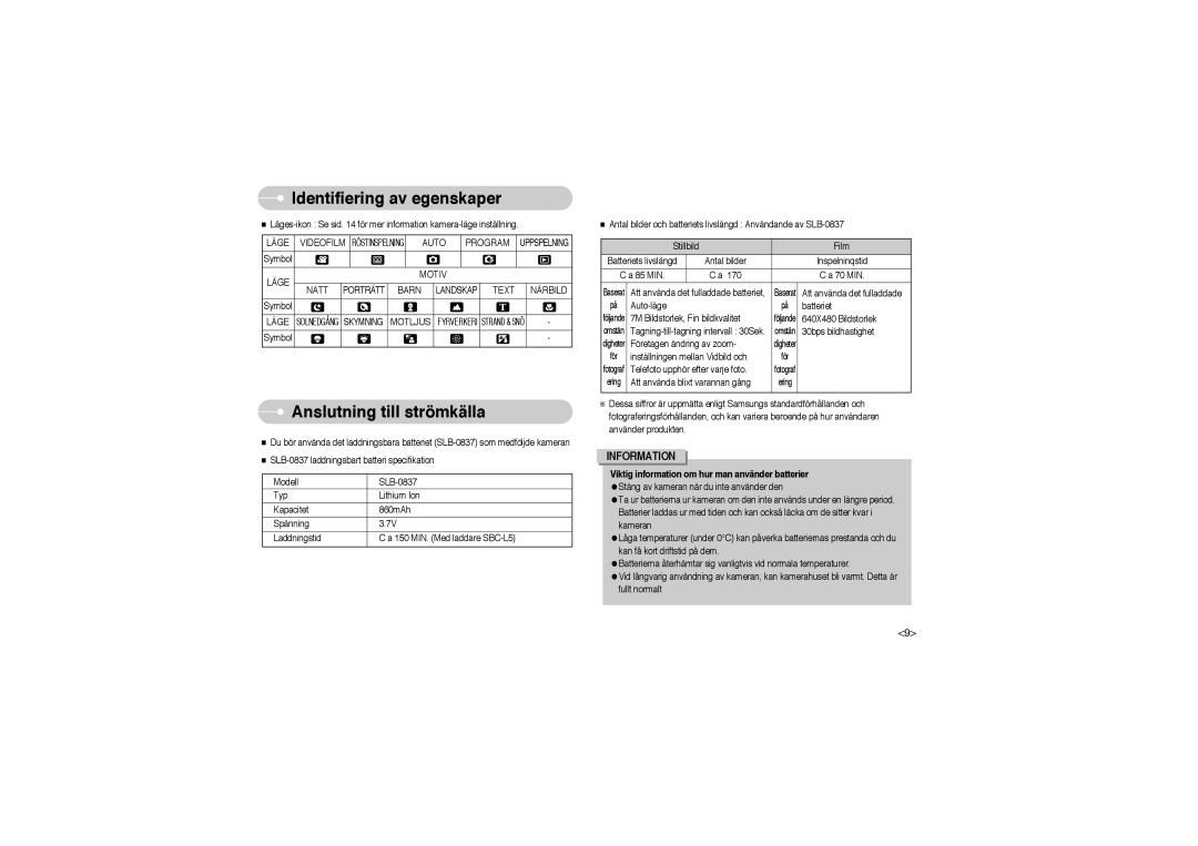 Samsung EC-L700ZSBA/E1 manual Anslutning till strömkälla, Auto Program, Läge Motiv Natt Porträtt Barn, Text Närbild 