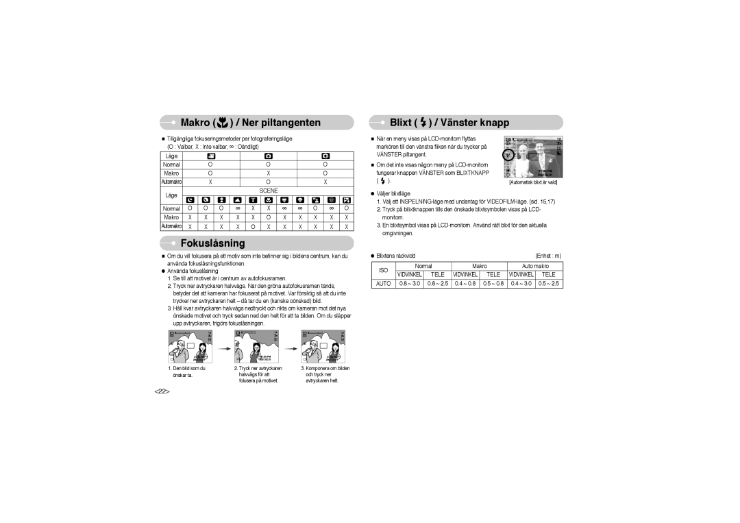 Samsung EC-L700ZBBA/DE, EC-L700ZSBA/DE, EC-L700ZBBA/FR manual Makro / Ner piltangenten, Fokuslåsning, Blixt / Vänster knapp 