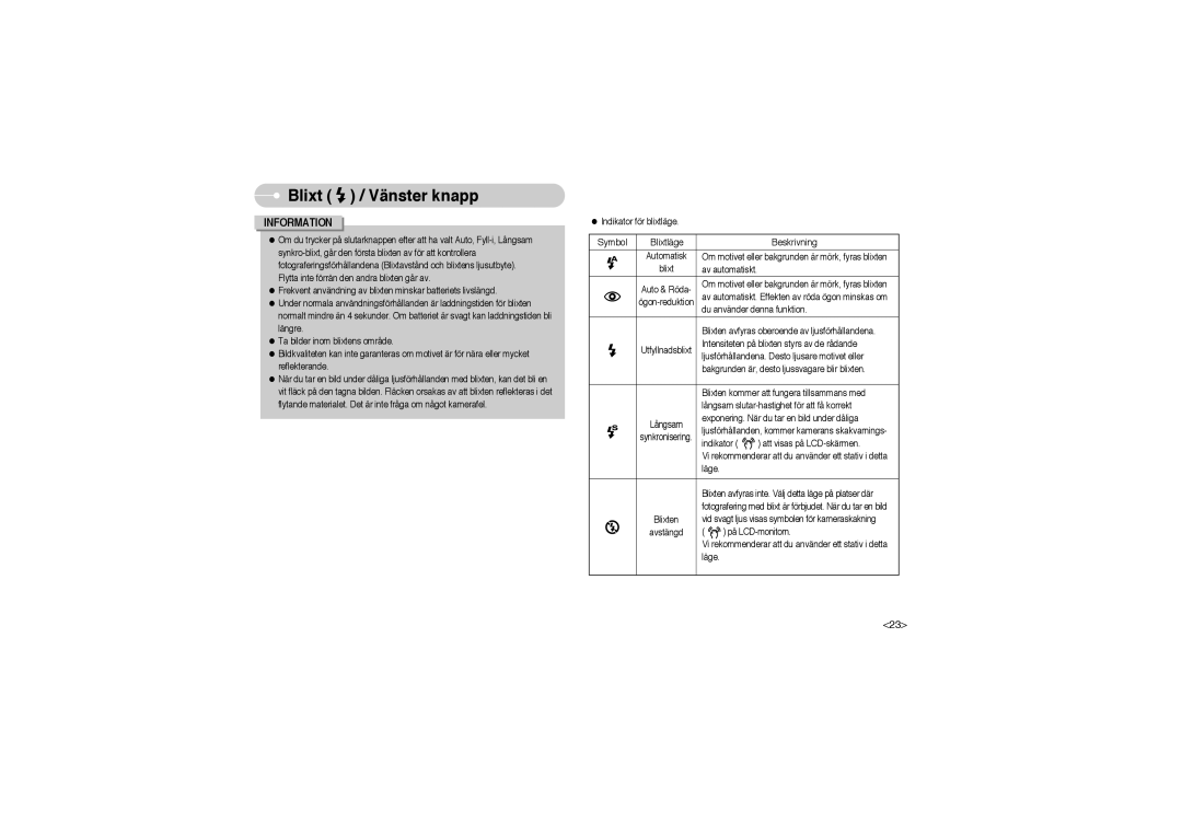 Samsung EC-L700ZSBA/DE, EC-L700ZBBA/FR, EC-L700ZBBA/E1, EC-L700ZSBA/FR, EC-L700ZSBA/E1 manual Symbol Blixtläge Beskrivning 