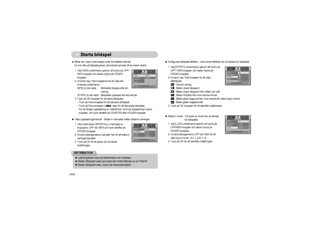 Samsung EC-L700ZSBA/FR, EC-L700ZSBA/DE, EC-L700ZBBA/FR, EC-L700ZBBA/E1, EC-L700ZSBA/E1, EC-L700ZBBA/DE manual Starta bildspel 