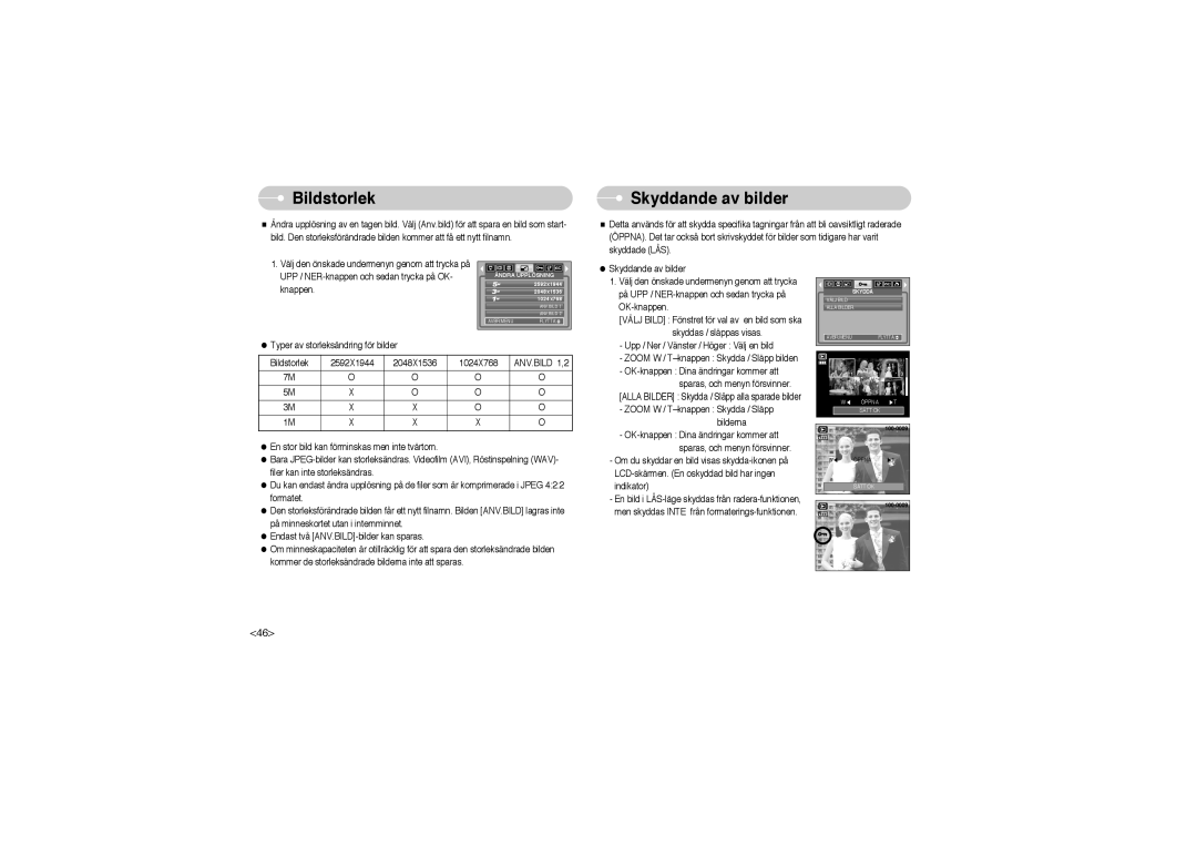 Samsung EC-L700ZBBA/DE, EC-L700ZSBA/DE, EC-L700ZBBA/FR, EC-L700ZBBA/E1, EC-L700ZSBA/FR manual Bildstorlek, Skyddande av bilder 