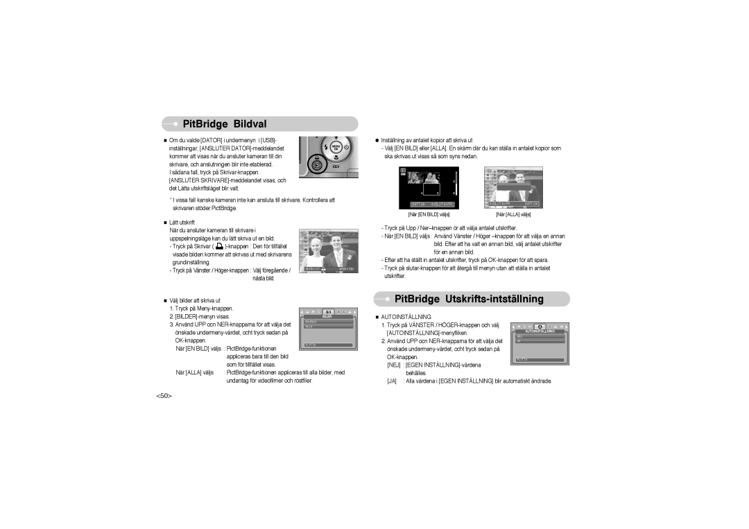 Samsung EC-L700ZSBA/FR, EC-L700ZSBA/DE manual PictBridge Bildval, PictBridge Utskrifts-intställning, Autoinställning 