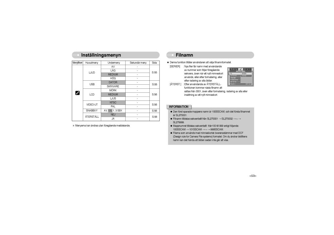 Samsung EC-L700ZSBA/DE, EC-L700ZBBA/FR, EC-L700ZBBA/E1, EC-L700ZSBA/FR, EC-L700ZSBA/E1 manual Inställningsmenyn Filnamn 