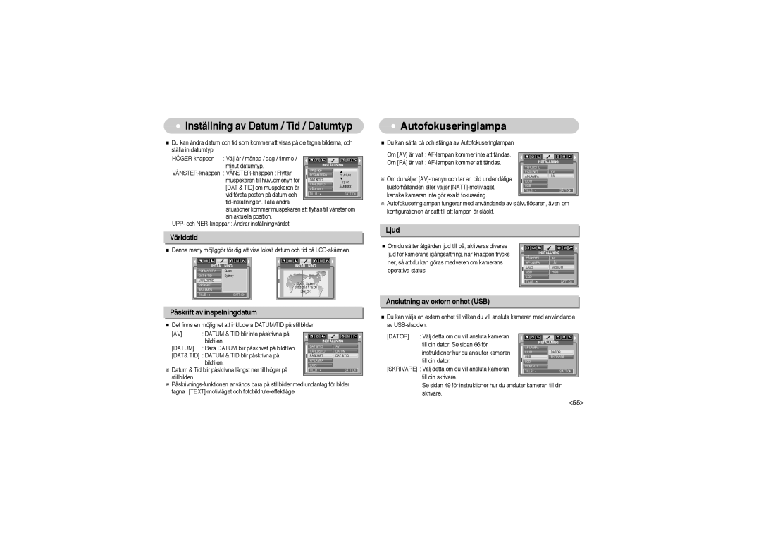 Samsung EC-L700ZBBA/E1, EC-L700ZSBA/DE manual Inställning av Datum / Tid / Datumtyp, Autofokuseringlampa, Världstid, Ljud 
