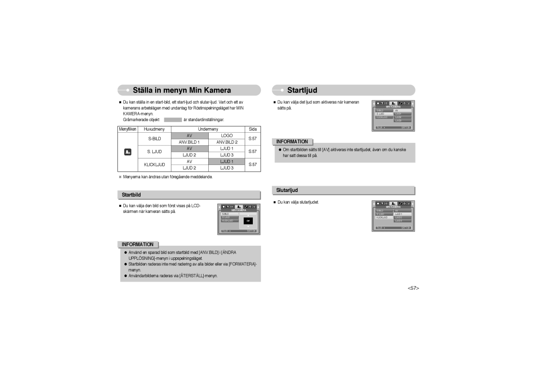 Samsung EC-L700ZSBA/E1, EC-L700ZSBA/DE, EC-L700ZBBA/FR manual Ställa in menyn Min Kamera, Startljud, Startbild, Slutarljud 